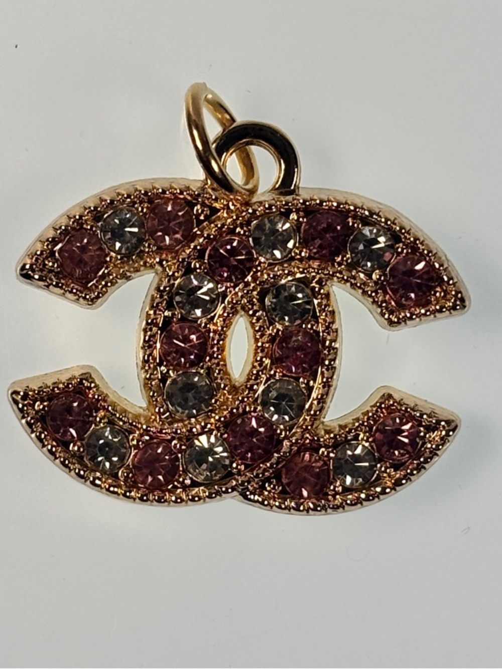 Chanel Gold-Tone Interlocking CC Pendant with Pink and Clear Crystals - Picture 3 of 4